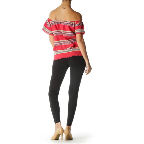 Anthro dRA Off Shoulder Striped Top with Boho Fringe Hem XS Preowned - Picture 8 of 10